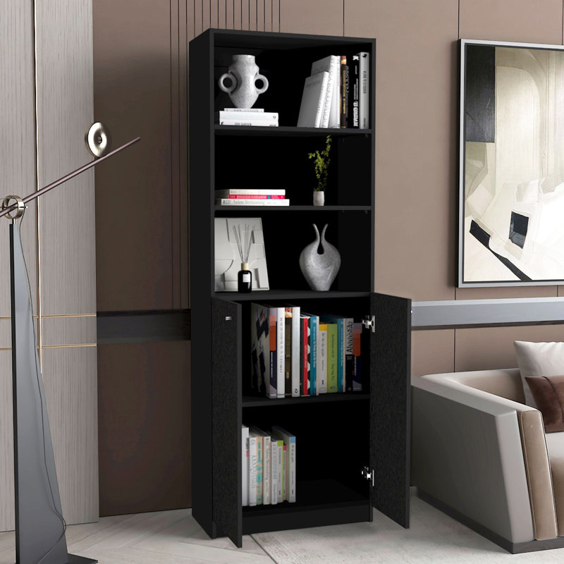 Élégante bibliothèque noire à 2 portes avec tablettes dissimulées et ouvertes pour la décoration intérieure