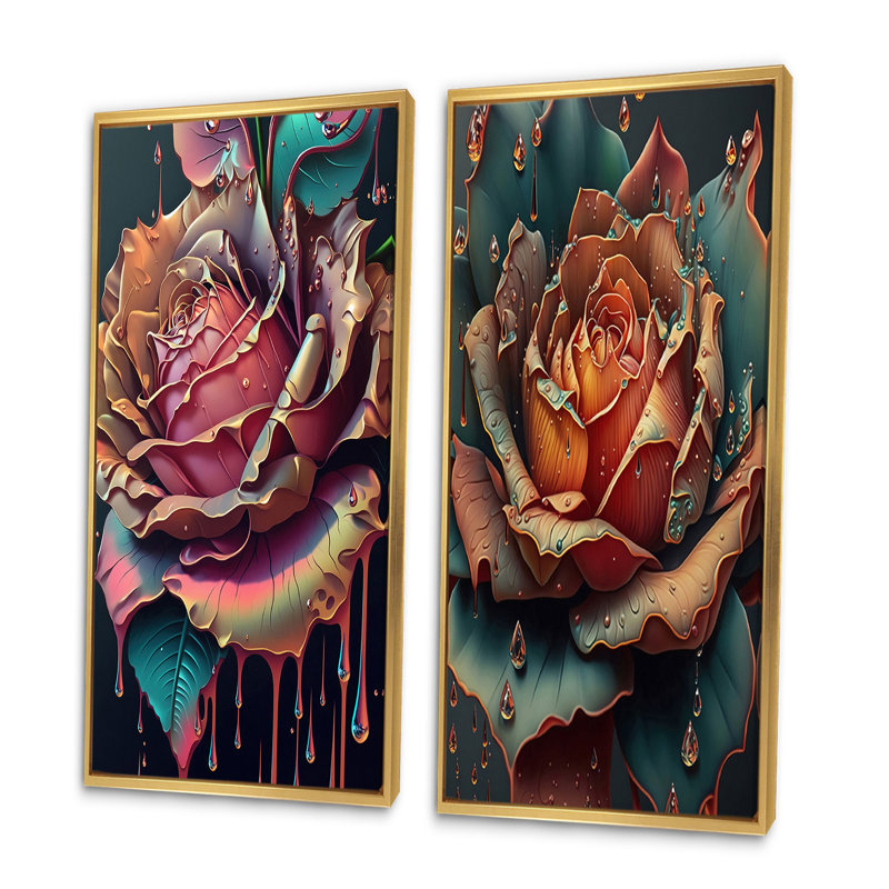 «Modern Blooming Rose», 2 pièces sur toile, Encadrement doré, H 40 po x l 40 po