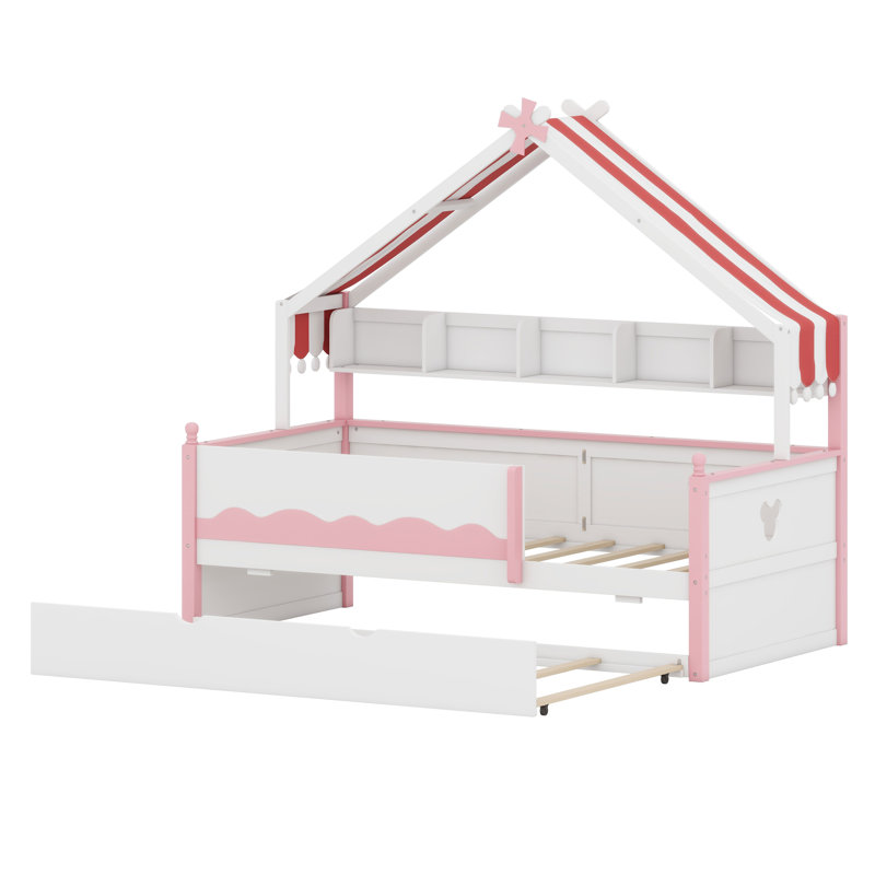 Structure de lit de jour en forme de maison avec tablettes intégrées, Blanc + rose