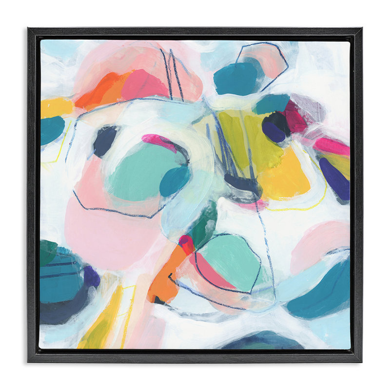 "Whimsical Shapes Abstraction Floater", art mural par June Erica Vess, H 18 po x l 18 po, Cadre flottant noir de jais