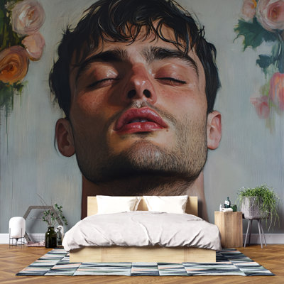Papier peint romantique portrait d'un homme tatoué - Art mural mâle artistique avec des accents floraux