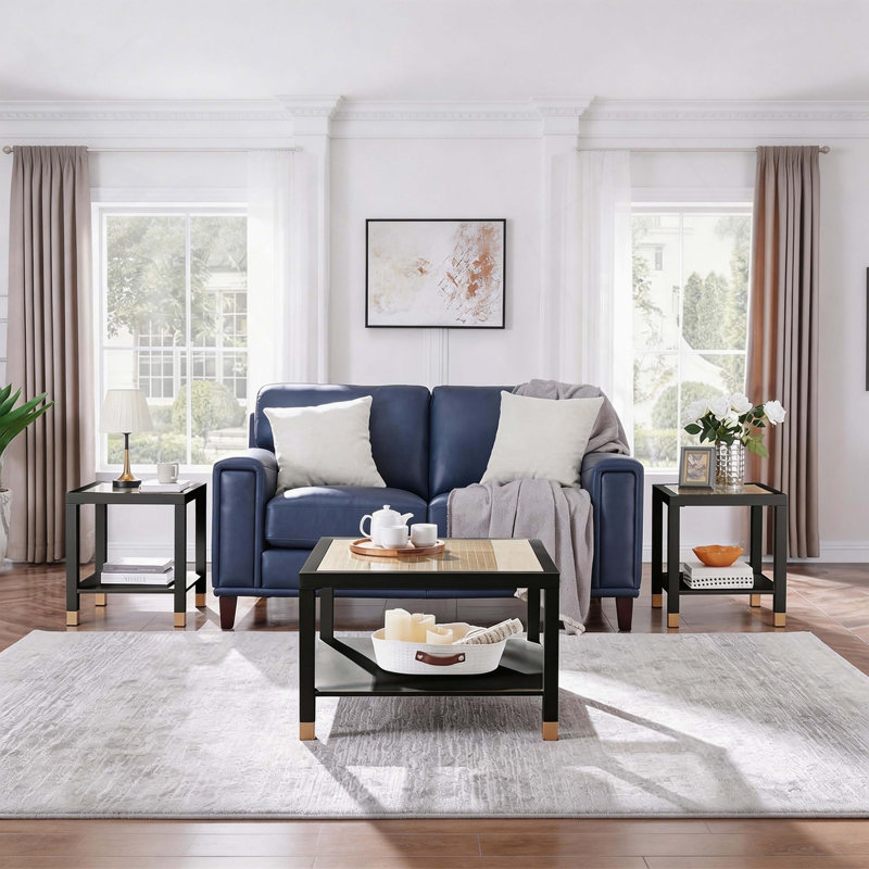 Table d'appoint carrée avec tablette, table d'appoint de style boho pour le salon, table de bout en verre trempé avec structure en métal, table de chevet pour la chambre à coucher, 2 niveaux