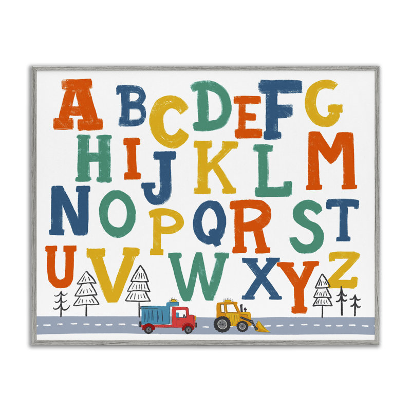 Alphabet et camions de construction, estampe numérique par Diane Labombarbe, H 11 po x l 14 po, Estampe numérique Farmhouse