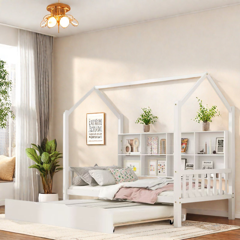 Lit en bois avec couchette et tablettes, Simple