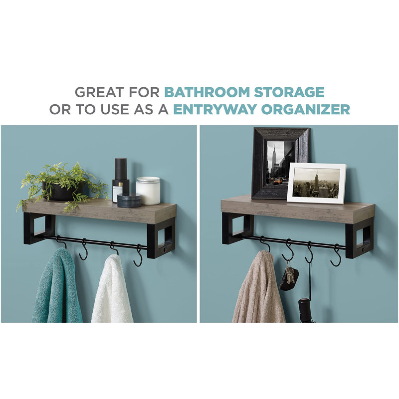 Wall Shelf with Towel Bar and Adjustable Hooks