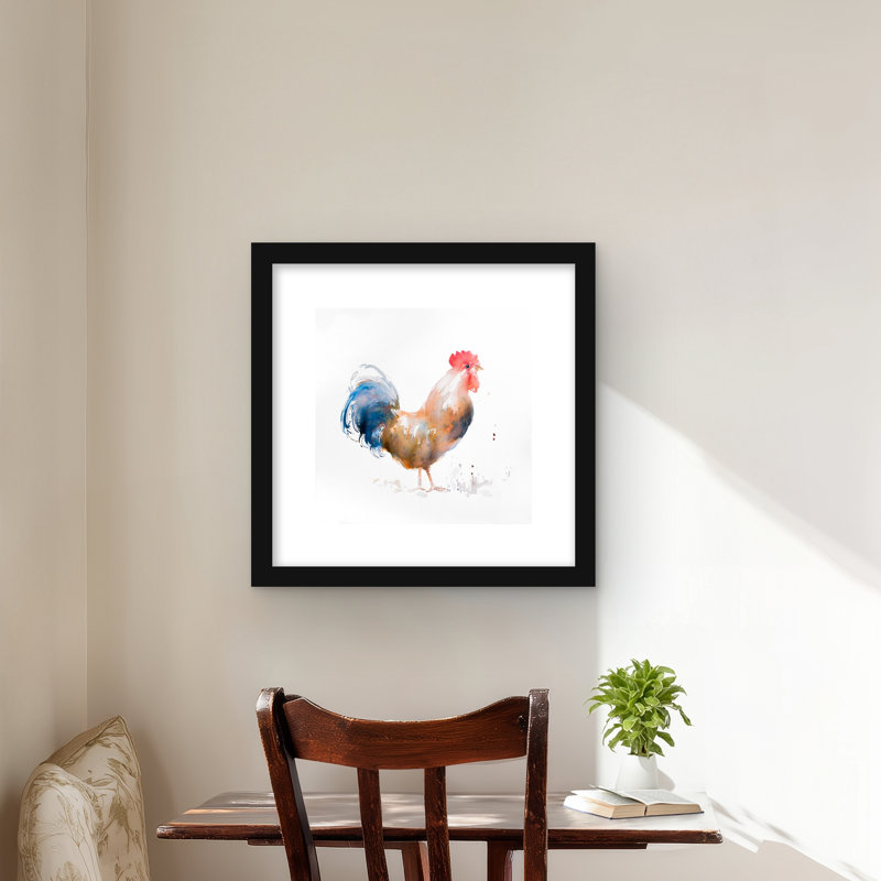 Aquarelle de coq - reproduction d'animaux de ferme | Cadre brun