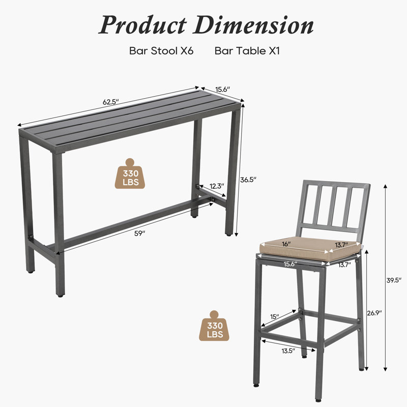 7 - Piece Rectangular Outdoor Dining Set With Cushions,outdoor Patio Bar Set For Backyard, Garden, Gray