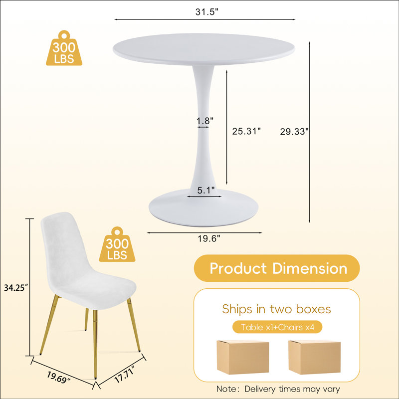 31.5" Round Dining Table Set For 4, Modern Tulip Base All Metal Table With  4 Velvet Upholstered Chairs, White, White/Gold