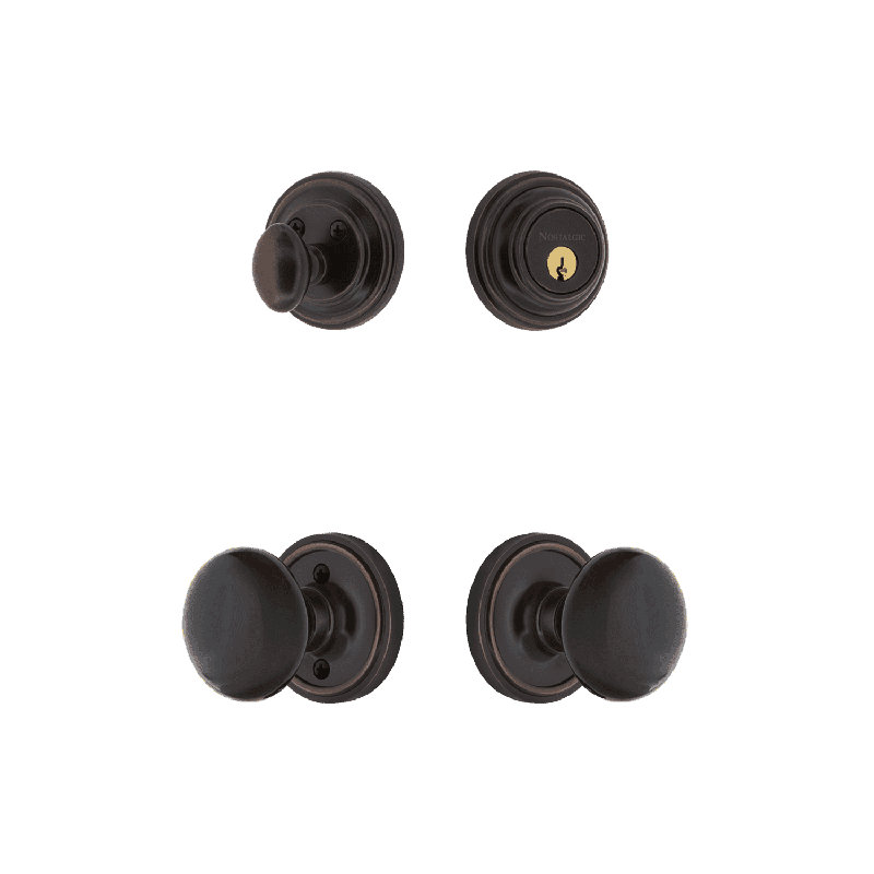 Nostalgic Warehouse Classic Rosette Entry Set with Black Porcelain Knob, Timeless Bronze, 2 3/8"