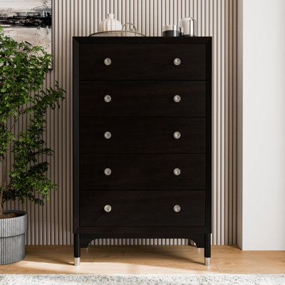 1pc Mid-Century Modern Black Color Silver-Capped Legs Five-Drawers Tall Chest Wooden English Dovetail