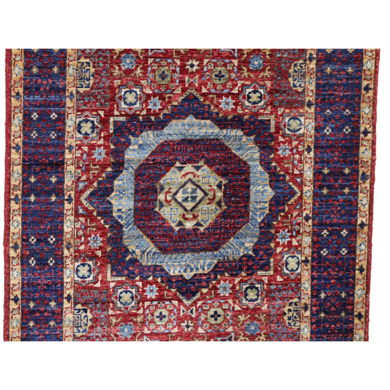 Tapis rouge et bleu marine noué à la main de haute qualité
