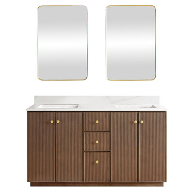 Waubun Rally 60'' Free Standing Double Bathroom Vanity with Calacatta Quartz Top with Mirror