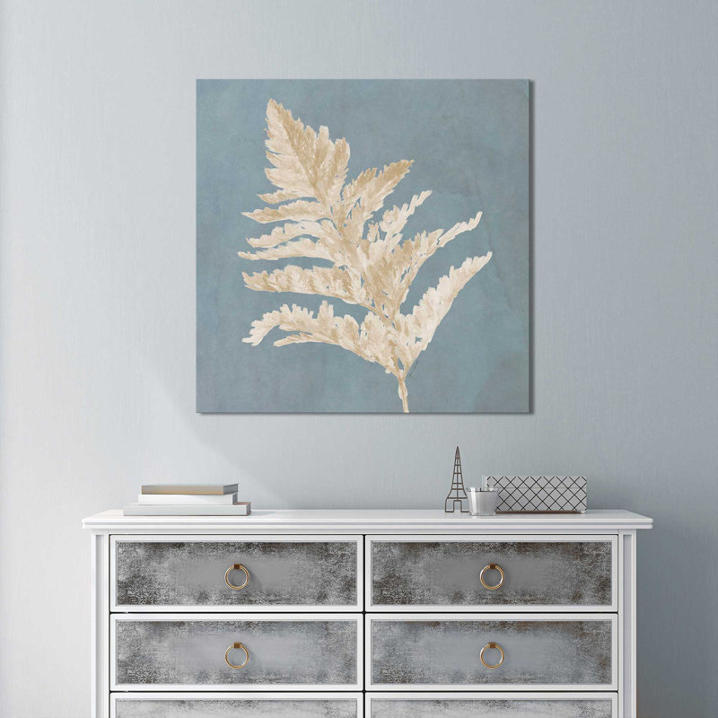 " Tan Leaf On Blue Square II " by Lanie Loreth, 18" H x 18" W x 1" D, Wrapped Canvas