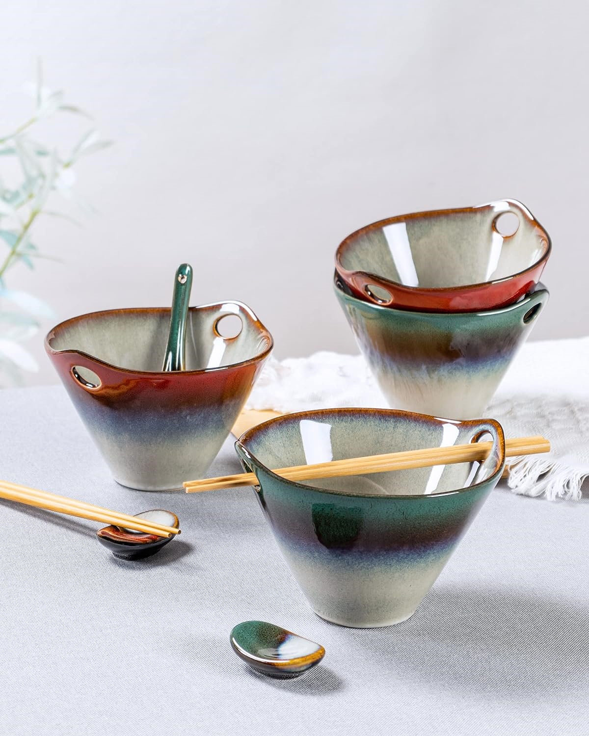 Wildon Home® Ceramic Japanese Ramen Noodle Bowls Set Of 2 - Deep Soup Bowls  With Spoons, Chopsticks And Holder, 20 Oz Serving Dishes For Pho, Udon  Noodle, Cereal - Reactive Green