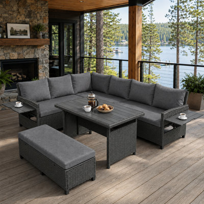 Modern 5-Piece Outdoor Patio Rattan Sofa Set with Modular L-Shaped Seating, Extendable Side Tables, Dining Table, and Washable Covers for Backyard, Poolside, and Indoor Lounge Areas