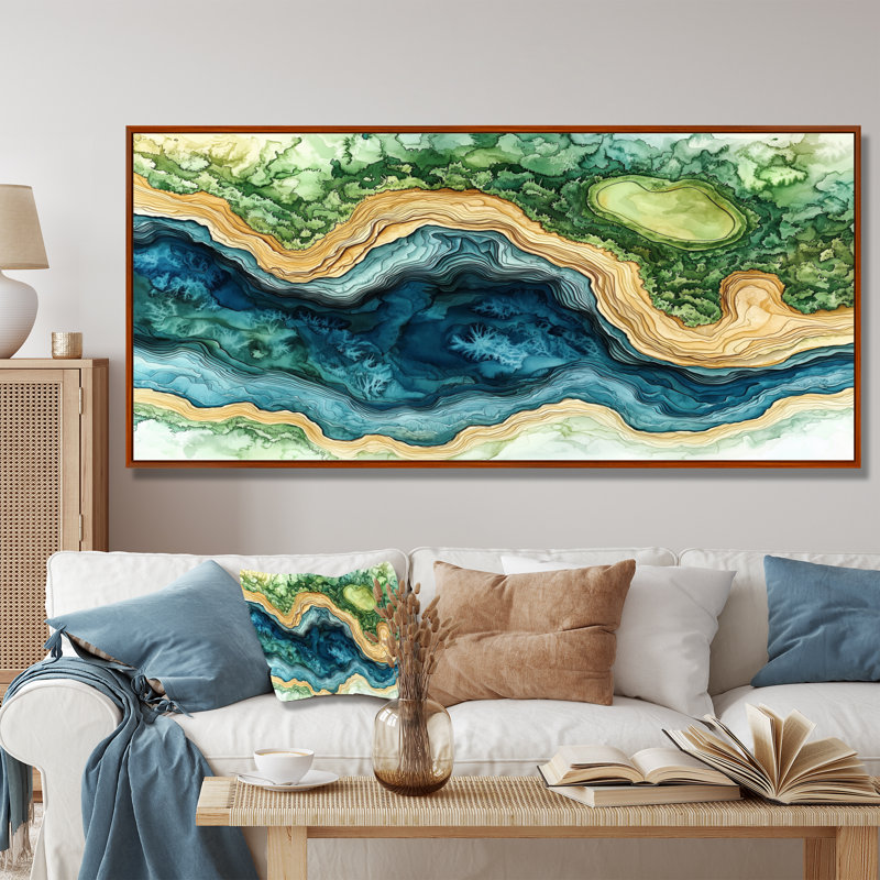 Abstrait parcours de golf «Horizon II», art mural encadré, H 28 po x l 60 po, Cadre flottant, Brun