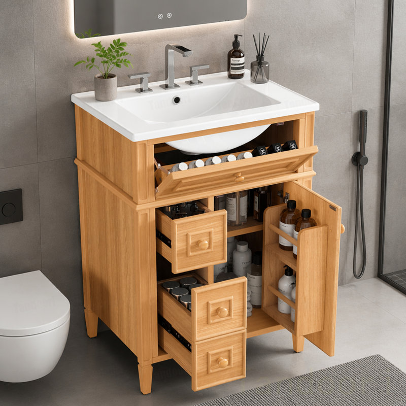 Meuble-lavabo de salle de bain avec lavabo, meuble-lavabo en bois avec tiroir rabattable, 2 tiroirs à fermeture en douceur, 1 porte à fermeture en douceur, bois massif et panneau de fibres à densité moyenne, poignées en bois élégantes
