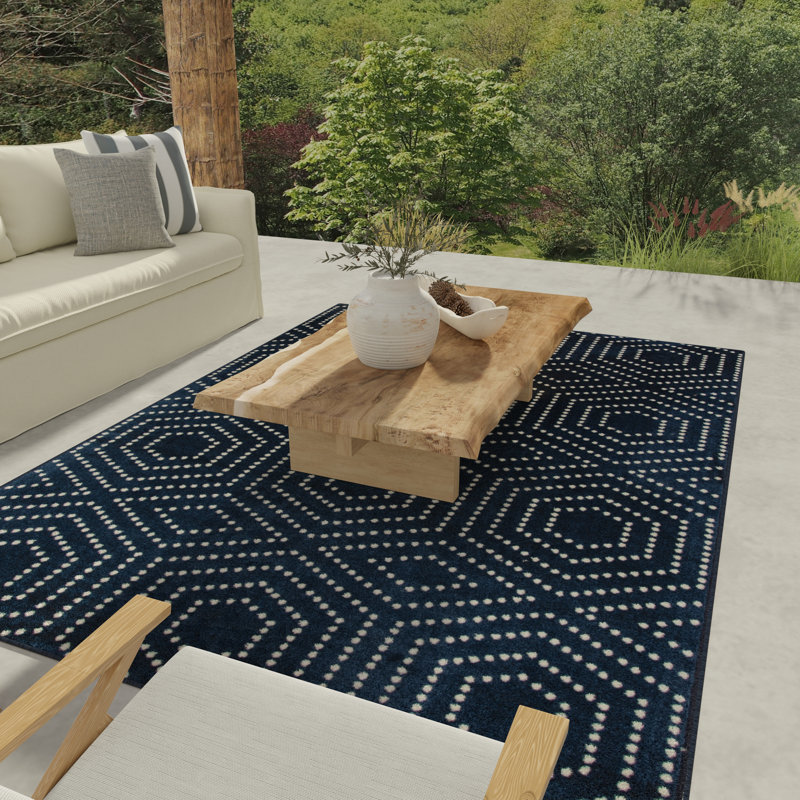 Tapis géométrique bleu en polypropylène tissé à la machine Kamarre, Tapis de couloir 2 pi x 6 pi 7 po