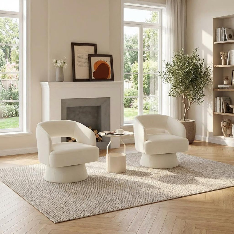 Modern Swivel Barrel Accent Chair, 360° Upholstered Armchair with Striped Backrest & Plush Padding, White Velvet