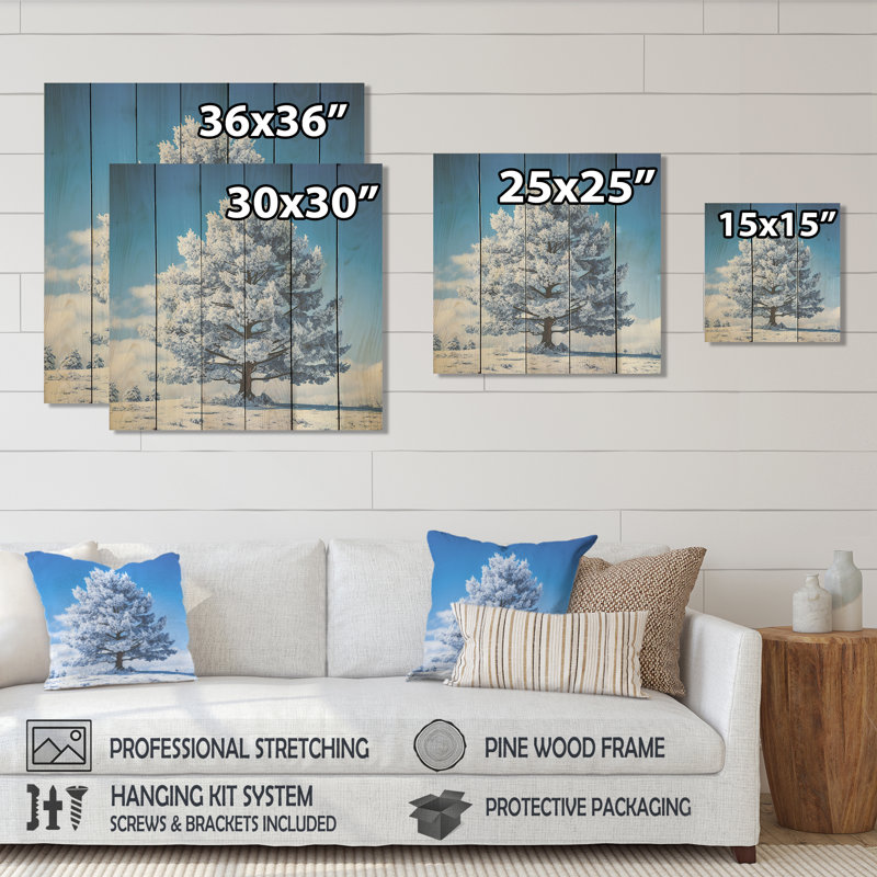 White Snowy Pine Tree - Tree Pine On Wood Print, 30" H x 30" W