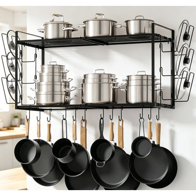 Pot Rack Wall Mounted , Expandable 2-Tier Hanging Organizer with 6 Pot Lid Holders and 12 Hooks for Kitchen