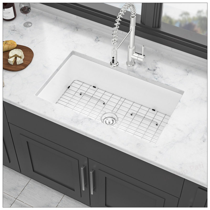 Évier de cuisine à simple cuve encastrable 32 po - Cuvette en céramique blanche durable et facile à nettoyer