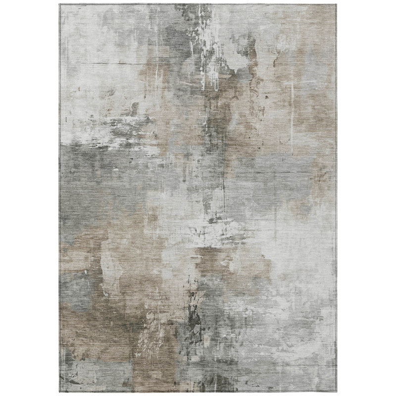 Tapis extérieur lavable abstrait gris ivoire et kaki 3 pi x 5 pi