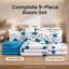 Ensemble de 9 pièces en microfibre bleu cyan à motif floral comprenant un couvre-lit, 2 taies d'oreiller et 6 panneaux de rideaux à œillets filtrant la lumière.-129255426