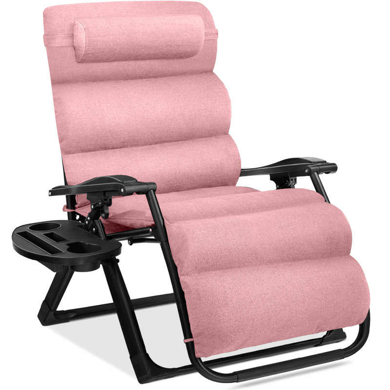 Oversized Zero Gravity Chair, Folding Recliner W/ Removable Cushion, Side Tray, Pink