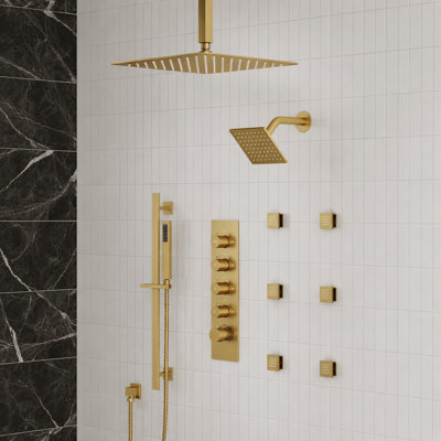 Ceiling Mount 16" High-Pressure Rainfall Shower Faucet, Dual Rainfall Shower Head System with Thermostatic Valve