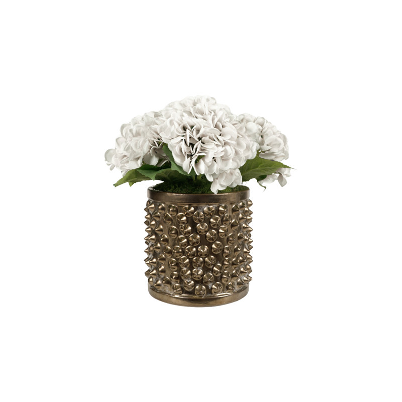 Green Real-Touch Hydrangeas In Spiked Gold Planter, White