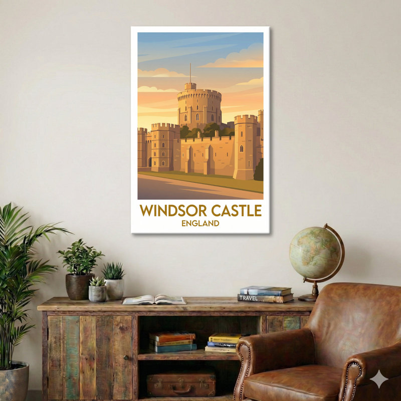 Windsor Castle, England - Romantic Travel Poster Of Historic Royal Castle At Sunset. Giclée Print On Wrapped Canvas. Wall Art, Home Decor - Castles & Palaces, England - Wrapped Canvas Print