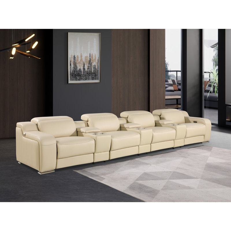 Canapé inclinable 7 pièces en cuir italien 7 pièces avec repose-tête électrique, Cuir véritable beige