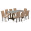 Ensemble de table de cuisine 9 pièces composé d'une table de cuisine en bois de ciment et de 8 chaises de salle à manger en tissu de lin sable clair à haut dossier - finition jacobine patinée-254927129-254927133-254927130