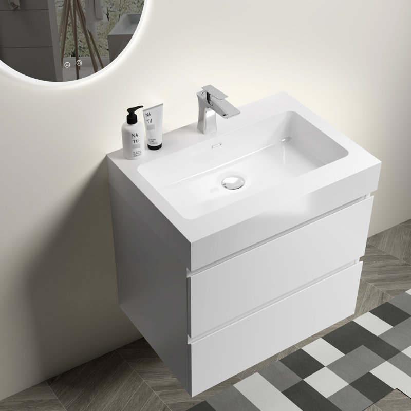 Meuble-lavabo 24 po, blanc et moderne, grand rangement, tiroirs silencieux, sans robinet ni drain, meuble-lavabo pré-assemblé blanc, conception moderne avec agrandissement