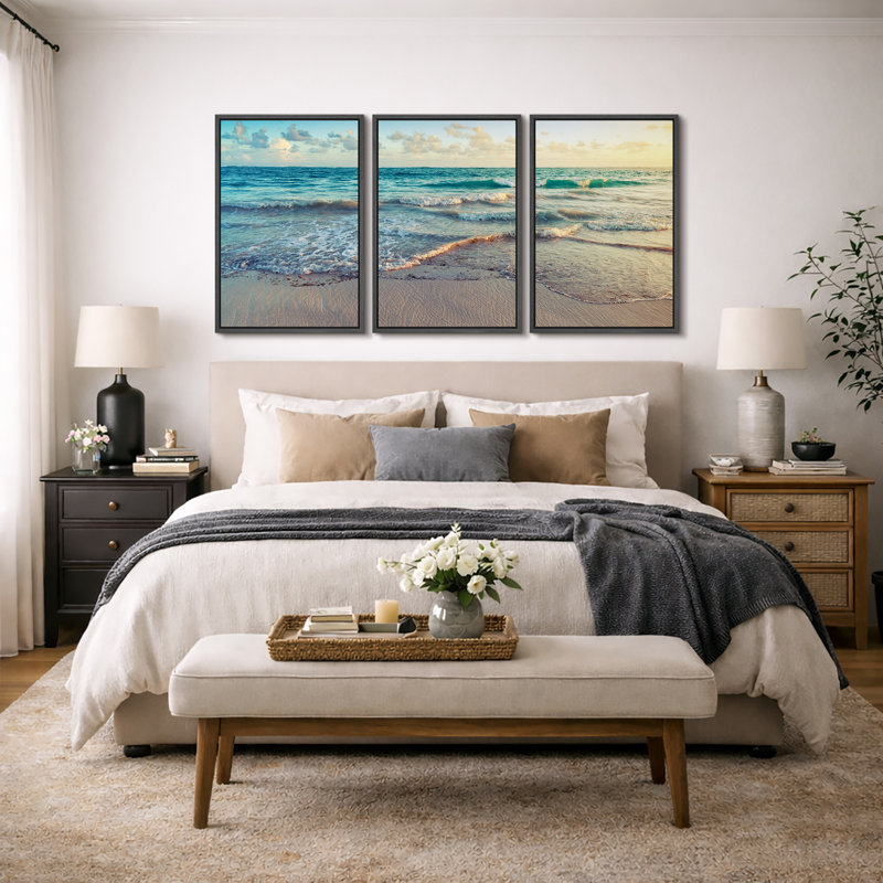 "Coastal Beach", "Sunrise On Ocean Waves Crashing", photos de décor de plage moderne bleu-vert doux, impression sur toile encadrée 3 pièces "16" x 24 "x 3 pièces, 24" x 36 "x 3 pièces