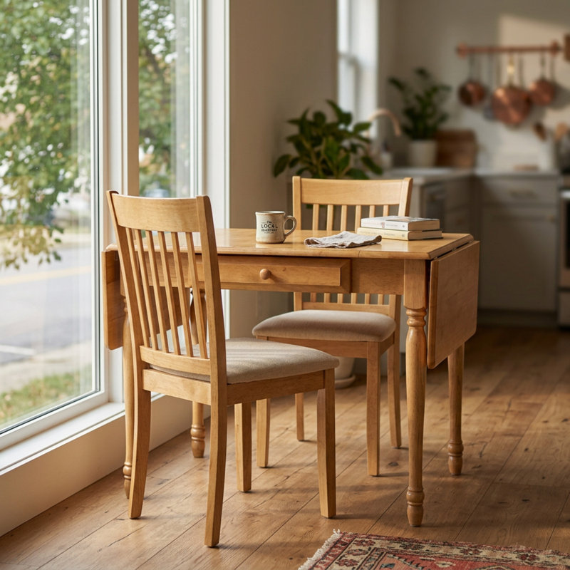 Ensemble de table de salle à manger en bois de chêne massif avec 2 tiroirs rabattables de 9 pouces et 2 sièges en tissu de lin blanc