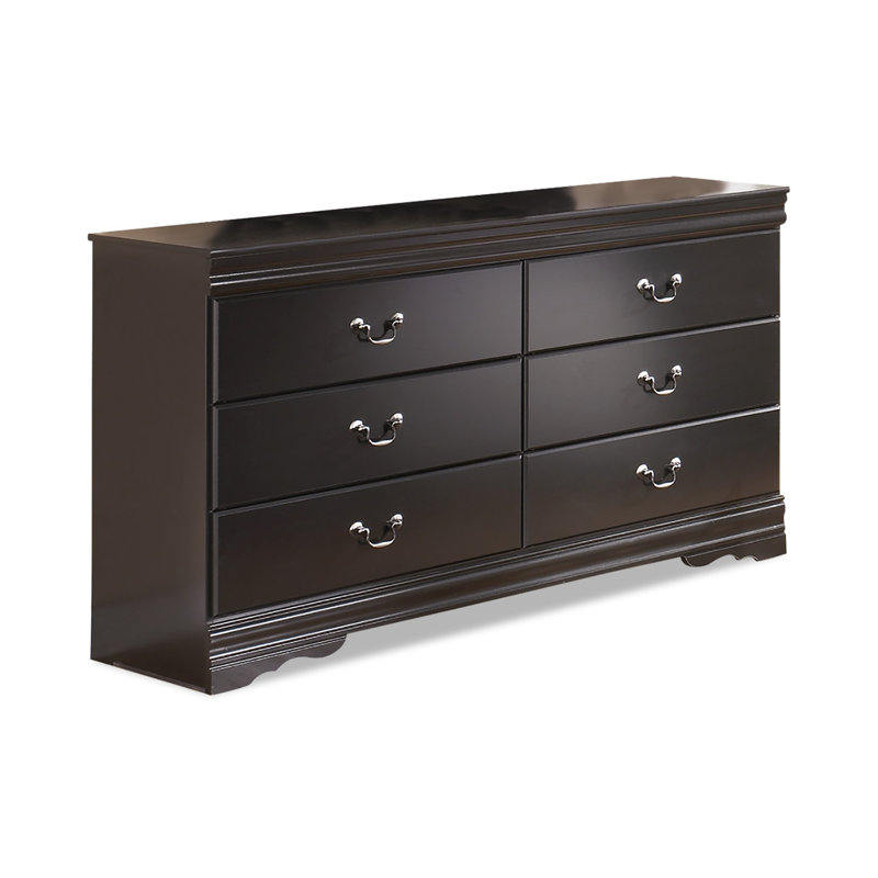 Commode large Yara, finition noire classique, 6 tiroirs, poignées en étain