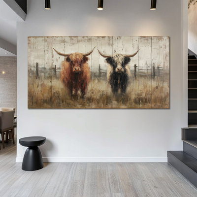  Extra Large Highland Cow Canvas Wall Art, Rustic Farm Animal Pictures Wall Decor, Serene Earth Tones Painting, Textured Rural Highland Cow Picture Artwork for Bedroom Living Room 30x60"