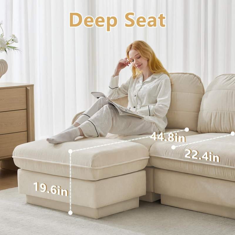 Canapé modulaire en chenille avec coussins ronds, coussins de dossier matelassés et assise profonde Chenille, Beige crème