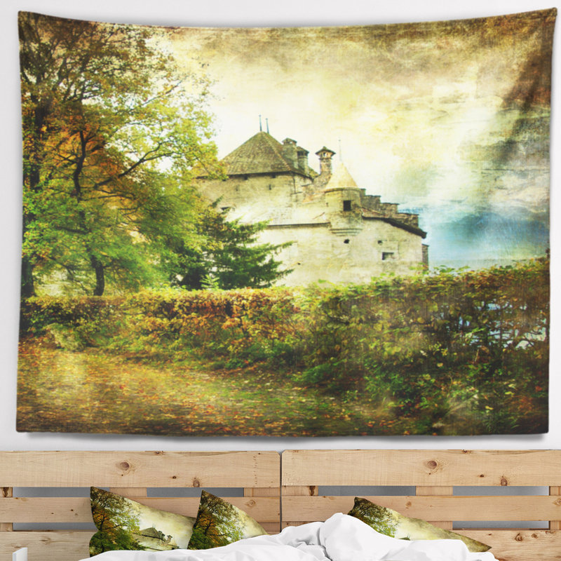 Paysage tapisserie du château de chillon, H 32 po x l 39 po