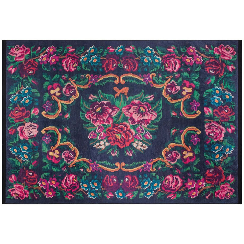 Karabag Black Pink Color Carpet Floral Design Digital Print Polyester Washable Area Rug TRKMN.55