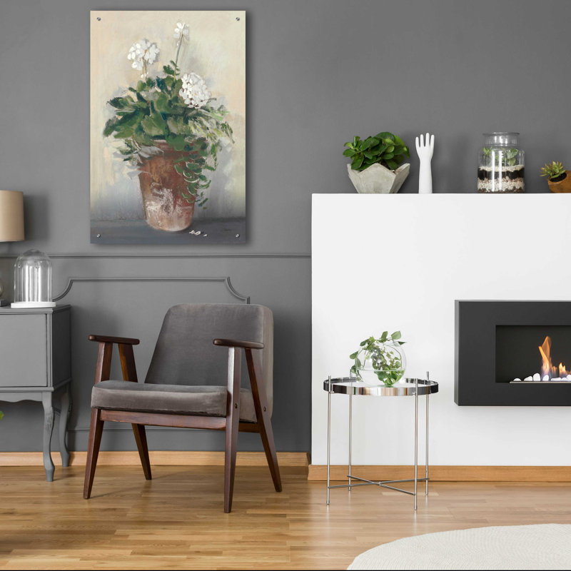 «Pot Of White Geraniums» par Carol Rowan, H 36 po x l 24 po x P 0,2 po