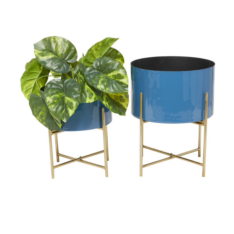 Frits 2 Piece Metal Indoor Outdoor Pink Planter with Removable Gold Stand Set, Blue