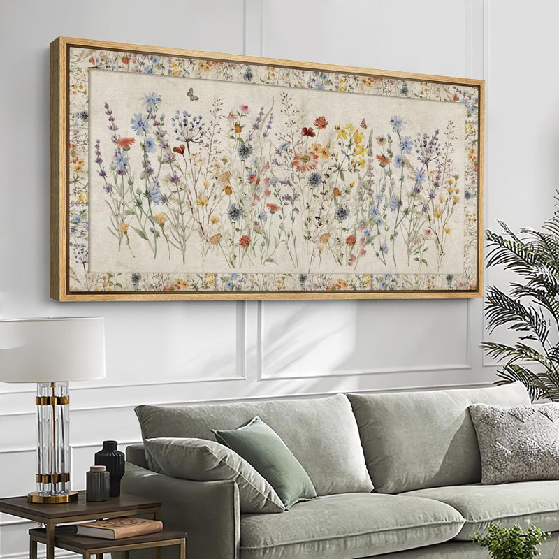 «Vibrant Wildflower Botanical Elegance», reproduction florale foncée encadrée, H 30 po x l 60 po, Naturel