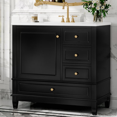Armoire de meuble-lavabo sur pied 36 po avec lavabo en céramique, 3 tiroirs et armoire avec tablettes