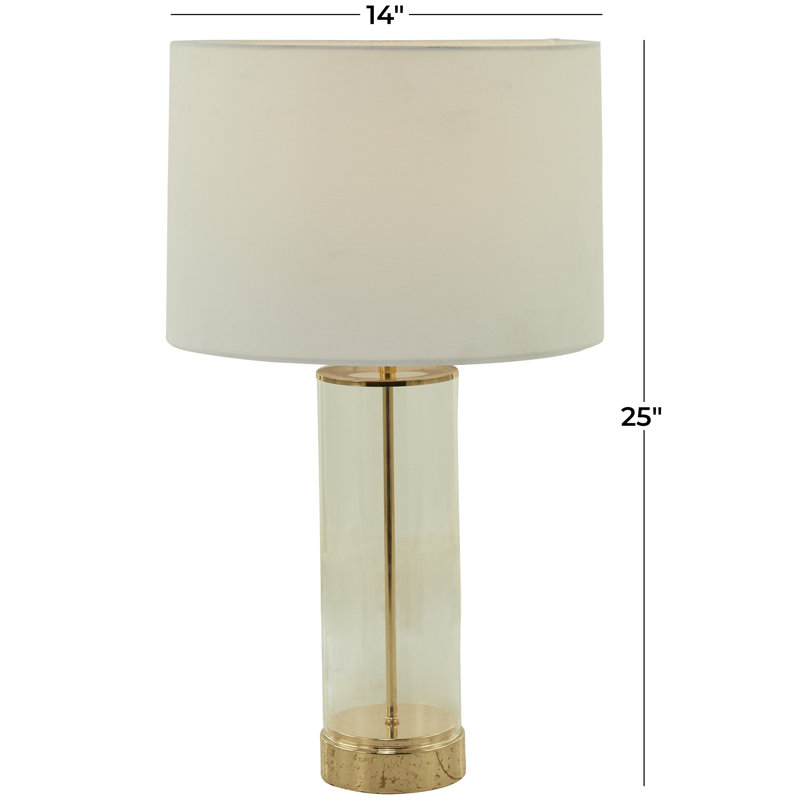 Glass Transparent Base Gold Table Lamp with Drum Shade, 25"" H x 14"" W x 14"" D