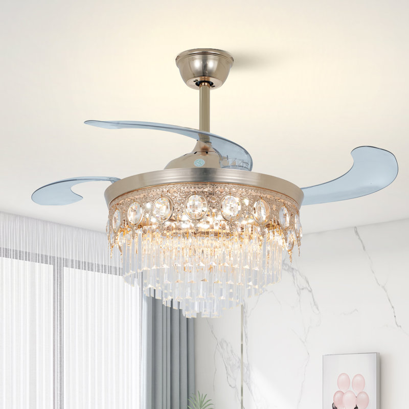 42" Retractable Crystal LED Ceiling Fan with Light & Remote, 6-Speed Reversible Fandelier for Living Room, Dining Room