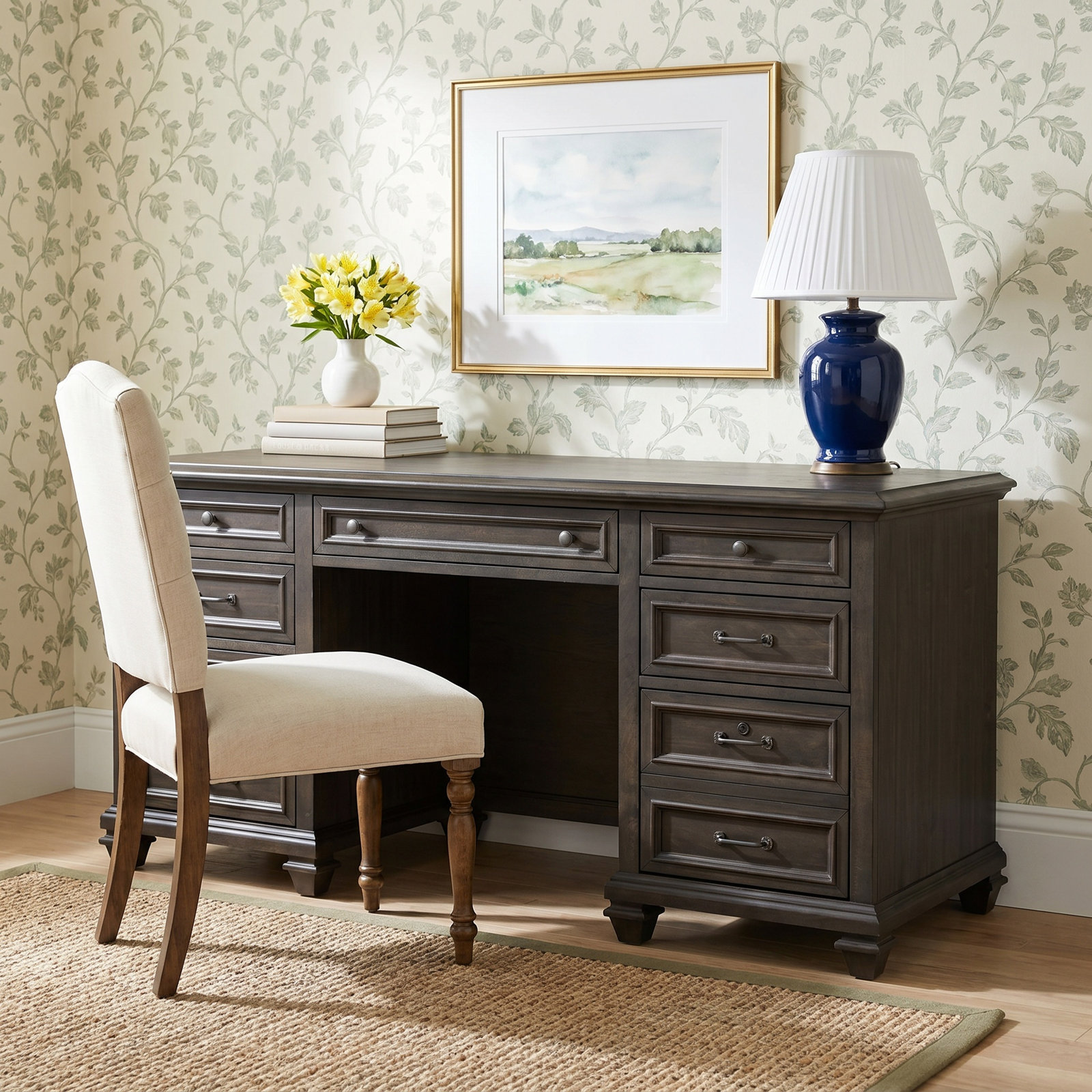 Kerey 66 " Pine Credenza Desk, Weathered Charcoal