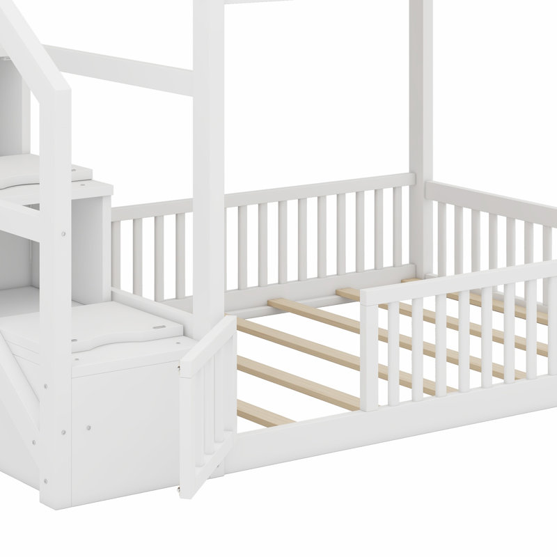 Lit superposé compact au sol avec escalier de rangement, Blanc